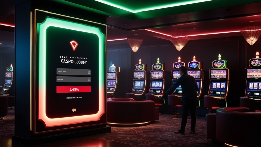 Lobby casino scura con pannello di accesso luminoso e slot sullo sfondo