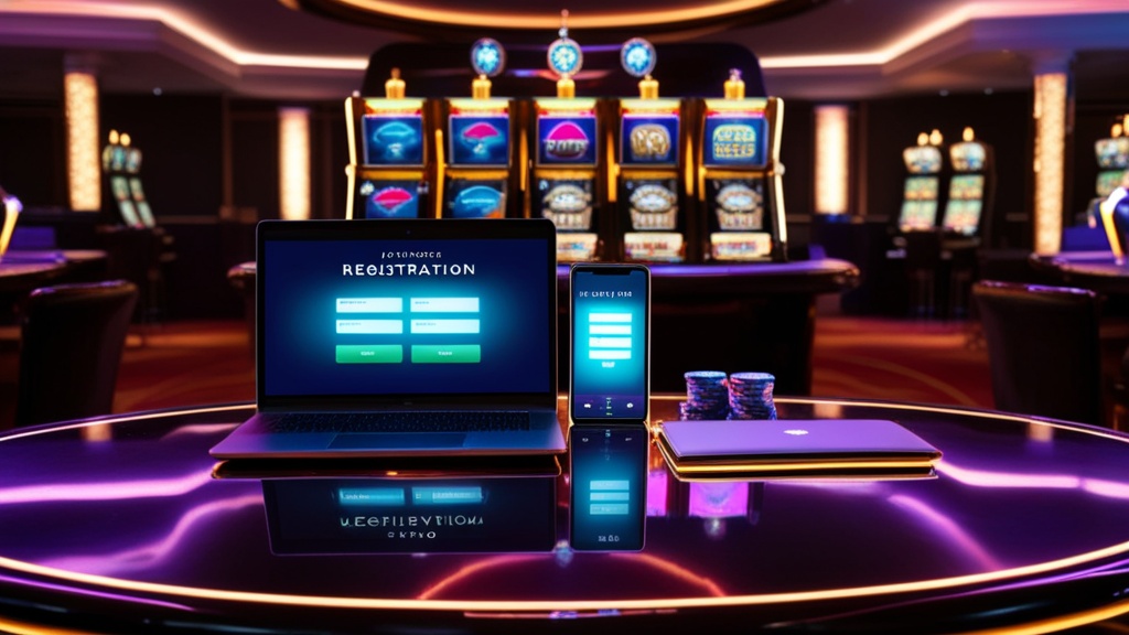 Tavolo da casino con modulo di registrazione su smartphone e laptop